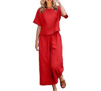 Zweiteiler Damen Freizeitanzug Sommer Hemdnzug Leinenhose Zweiteiler Set Hemd Hose Leinenshirt Baumwoll Große Größe Sommerhose Sommerhemd Leichte Bequeme WeitemHosen mit Tasche Kordelzug