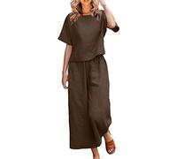 Zweiteiler Damen Freizeitanzug Sommer Hemdnzug Leinenhose Zweiteiler Set Hemd Hose Leinenshirt Baumwoll Große Größe Sommerhose Sommerhemd Leichte Bequeme WeitemHosen mit Tasche Kordelzug
