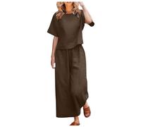 Zweiteiler Damen Leinenhose und Leinenbluse Sommer Outfits Linen Set Hosenanzug Elegant 2 Teilig Kurzarm Oberteil + Weites Bein Hose Trainingsanzug Freizeitanzug Loungewear für Frauen