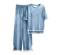 Zweiteiler Damen Sommer Elegant Jumpsuit Hausanzug Kurzarm Gerippt Strickpullover Mit Lange Hose Two Piece Set Women