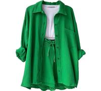 Zweiteiler Damen Sommer Sportanzug Damen Musselin Bluse Und Shorts 2 Teiler Locker Loungewear Leicht Atmungsaktiv Freizeitanzug Elegant Hausanzug Frauen Strand Urlaub Outfit Longbluse Hosenanzug