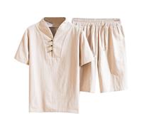 Zweiteiler Herren Leinenanzug Sommer Freizeitanzug Einfarbig 2-teilig Kurzarm Button-Up Revers Hemd und Shorts Herren Set Beach Shirt Kurze Hose Outfits Baumwolle Leinen Anzug für Urlaub Strand Alltag