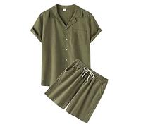Zweiteiler Herren Leinenanzug Sommer Kurz Freizietianzug Schlafanzug Einfarbig 2 Teiler Kurzarm Button-Up Revers Hemd und Shorts Leicht Baumwolle Leinen Strand Outfit,01 Armeegrün,L