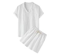 Zweiteiler Herren Leinenanzug Sommer Kurz Freizietianzug Schlafanzug Einfarbig 2 Teiler Kurzarm Button-Up Revers Hemd und Shorts Leicht Baumwolle Leinen Strand Outfit,03 Weiß,M