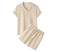Zweiteiler Herren Leinenanzug Sommer Kurz Freizietianzug Schlafanzug Einfarbig 2 Teiler Kurzarm Button-Up Revers Hemd und Shorts Leicht Baumwolle Leinen Strand Outfit,01 Khaki,L