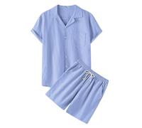 Zweiteiler Herren Leinenanzug Sommer Kurz Freizietianzug Schlafanzug Einfarbig 2 Teiler Kurzarm Button-Up Revers Hemd und Shorts Leicht Baumwolle Leinen Strand Outfit,02 Hellblau,S