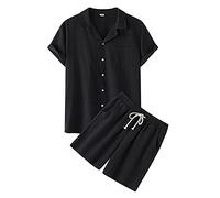 Zweiteiler Herren Leinenanzug Sommer Kurz Freizietianzug Schlafanzug Einfarbig 2 Teiler Kurzarm Button-Up Revers Hemd und Shorts Leicht Baumwolle Leinen Strand Outfit,01 Schwarz,XXL