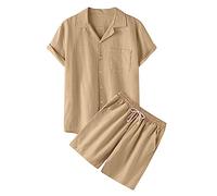 Zweiteiler Herren Leinenanzug Sommer Kurz Freizietianzug Schlafanzug Einfarbig 2 Teiler Kurzarm Button-Up Revers Hemd und Shorts Leicht Baumwolle Leinen Strand Outfit,02 Khaki,M