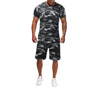 Zweiteiler Herren Sommer Jogginganzug Set Camouflage Trainingsanzug 2-Teilig Kurzarm T-Shirt Hose Freizeitanzug Outfit Hausanzug Beach Strand Shirt Kurze Hose Set Sportanzug 2 Teiliges