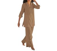 Zweiteiler Leinen Set Damen, Sommer Musselin Bluse Und Lange Weite Hose 2 Teiler Hausanzug Kuschelig Einfarbig Elegant Loungewear Anzug Elegant 2 Teilig Leinenanzug Damen Sommer Outfit Mit Taschen
