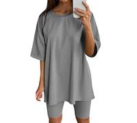 Zweiteilige Outfits für Damen, Kurzarm-Oberteile, Kurze Hosen, Laufen, Yoga, Sport-Sets Satin Schlafanzug Hosenrock Hosen Damen Kurze Hosen Damen Sommer (Grey, S)