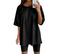 Zweiteilige Outfits für Damen, Kurzarm-Oberteile, Kurze Hosen, Laufen, Yoga, Sport-Sets Satin Schlafanzug Hosenrock Hosen Damen Kurze Hosen Damen Sommer (Black, XXXL)