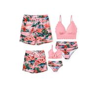 Zweiteiliger Badeanzug mit durchgehendem Blumendruck, gewelltem Saum, zweiteiliger Badeanzug mit Blumenmuster, Hawaii-Rosa, Large