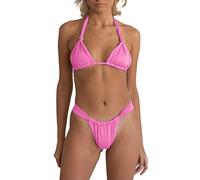 Zweiteiliger Damen-Badeanzug, Neckholder, Triangel-Bikini-Set, sexy, gerüscht, brasilianischer Tanga, Badeanzug, Helles Pink, Medium