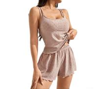 Zweiteiliger Schlafanzug Damen Kurz Wasserlöslich(Brown L) | Hollow Camisole Design, zweiteiliges Set, weich auf der Haut, ideal für warme Nächte