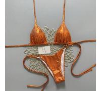 Zweiteiliges Bikini-Set in gebranntem Orange mit metallischem Zebra-Print, Triangel-BH mit Goldring-Verzierung und Bikinihose mit seitlichen Bindebänd