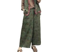 Zweiteiliges Damen-Kimono-Weste, Vintage-Leinen, Blumenmuster, mit ausgefranstem Saum und Hose mit weitem Bein, Olivgrüne Hose, Einheitsgröße