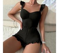 Zweiteiliges Damen-Pyjama-Set, ärmelloses Oberteil und Shorts, einfarbig, Loungewear für Zuhause oder Hotel zu allen Jahreszeiten, bequeme Polyester-Spandex-Nachtwäsche (2XL Schwarz)