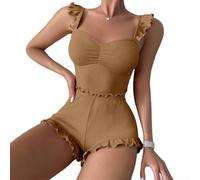 Zweiteiliges Damen-Pyjama-Set, ärmelloses Oberteil und Shorts, einfarbig, Loungewear für Zuhause oder Hotel zu allen Jahreszeiten, bequeme Polyester-Spandex-Nachtwäsche (2XL Khaki)