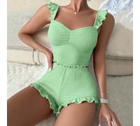 Zweiteiliges Damen-Pyjama-Set, ärmelloses Oberteil und Shorts, einfarbig, Loungewear für Zuhause oder Hotel zu allen Jahreszeiten, bequeme Polyester-Spandex-Nachtwäsche (2XL grün)