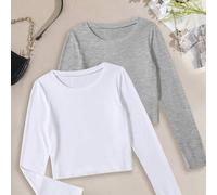 Zweiteiliges, geripptes Langarmshirt aus 100 % reiner Baumwolle in Weiß und Grau, lässige, schmale Passform in Petite-Größen. Neue saisonale Sportbekl