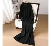 Zweiteiliges Set aus schwarzem Strickpullover und passendem langem Rockkleid für Damen, Herbst/Winter, gemütlicher, eleganter, lässiger Old-Money-Stil
