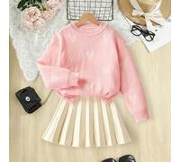 Zweiteiliges Set für Mädchen im Teenageralter: Pullover mit Herzmuster, Drop Shoulder, Rundhalsausschnitt und einfarbiger aprikosenfarbener Faltenrock