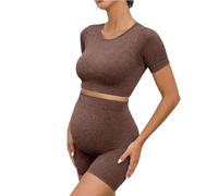 Zweiteiliges Set Umstandsmode - T-Shirt und Umstandshose Kurz Feuchtigkeitstransportierend Sportanzug High Waist Bauchstütze Umstandsshorts Stretch Weich Anzug Fitness Pilates Yoga-Set