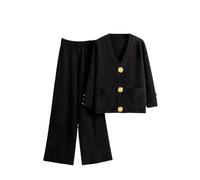 Zweiteiliges Strickset für Damen: Strickpullover, Strickjacke, hochgeschnittene set für Damen: Strickpullover, Strickjacke, hochgeschnittene Hose mit weitem Bein und einreihiger Knopfleiste.