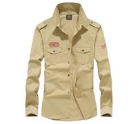 ZWENDE Outdoorhemd Herren Retro Schutz Safari Hemd Langarm Militärisches Hemd Frühling Combat Hemd Slim Fit Revers Taktisches Hemd Herren B-Khaki1 L