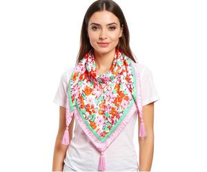 ZWILLINGSHERZ Blumenwiese Dreiecks-Tuch mit Blumen-Print und Schriftzug Mode-Tuch 3014D-0107-95 Orange/Pink/Grün