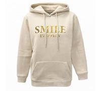 Hoodie ZWILLINGSHERZ "Smile Sparkle", Damen, Gr. S/M, hellbeige, Sweatware, Obermaterial: 50% Baumwolle, 50% Polyester, Sweatshirts Hoodie, glänzender Print, Fronttasche, Kapuze, Daumenloch (42189937-