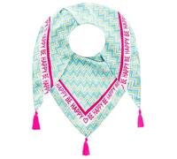 Zwillingsherz Dreieckstuch mit Quasten, Türkis-Blau Zickzack-Muster, Be Happy Schriftzug, Pink Akzente