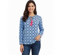 ZWILLINGSHERZ Maike Damen Sommer-Bluse Tunika-Shirt mit Quasten und Ornamenten 33125-1 Blau/Weiß/Pink L/XL