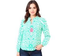 ZWILLINGSHERZ Ornamente Damen Sommer-Bluse Tunika-Shirt mit Quasten 33223-64 Grün/Weiß/Pink S/M