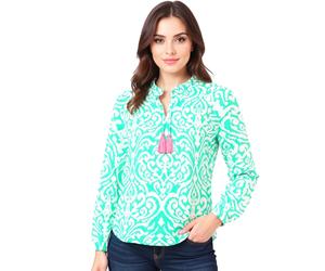ZWILLINGSHERZ Ornamente Damen Sommer-Bluse Tunika-Shirt mit Quasten 33223-64 Grün/Weiß/Pink S/M
