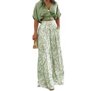 ZWRXW Boho 2-teiliges Set für Damen, Sommer-Outfits, Fledermausärmel, V-Ausschnitt, bauchfreie Oberteile und weite Beinhosen, elegante Business-Anzüge, Grün , Medium