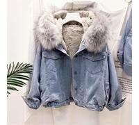 ZXCL 2021 Big Faux Pelzkragen Denim Jacke Frauen Winter Mit Kapuze Warme Jean Jacke Student Basic Short Parkas Weibliche Bomber Mantel-Gray,XXL