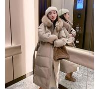ZXCL Frauen Lange Gürtelte Winterjacke Mit Kapuze Pelzkragen Abnehmbar Winddicht Daunenjacke Übergroße Baumwolle Gepolsterte Parkas Outwear Mantel-Khaki,L Ru52-54