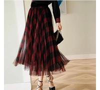 ZXCL Langer Karierter Tüllrock Frauen Mode 2021 Summte elegant Eine Linie Hohe Taille Falten geprüft Maxi Rock Weibliche Damen Grün-Red Black,One Size
