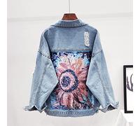 ZXCL Streetwear Style Print Damen Denim Jacke Mantel Diamanten Loch Jeans Outwear Weibliche Frühling Herbst Beiläufige Lose Cowboy Outwear-Blue,L