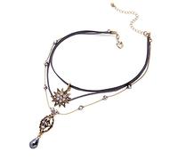 zxcs Einzigartiger Schmuck schwarz Leder Choker Halskette Kristallblume Tränen-Drop Anhänger Antike 3 Schichten Halskette Vintage