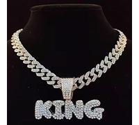 zxcs Männer Hip Hop Buchstaben Anhänger Halskette mit 13mm Miami Kubanische Kette Iced aus Bling Hiphop Halsketten Männliche Charm Schmuck-Silver Plated,20inch(50cm)