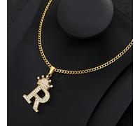 zxcs Zirkonia Krone Brief Halskette für Frauen Männer Hip Hop Erstes Alphabet Charme Kette Choker Anhänger Halskette Schmuck Geschenk-R