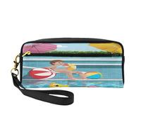 ZXMDZTSS Federmäppchen und Make-up-Tasche mit Flamingo-Motiv und Schwimmbad, personalisierbar, PU-Leder, kompakter Organizer für Studenten, Künstler, Reisen, Schwarz , Einheitsgröße, Lässiger
