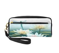 ZXMDZTSS Libelle mit Seerose - bedrucktes personalisierbares Federmäppchen aus PU-Leder und Make-up-Tasche - kompakter Organizer für Studenten, Künstler, Reisen, Schwarz , Einheitsgröße, Lässiger