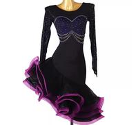 ZYDSN Latein Wettkampf Kleid mit Rundhals für Damen Salsa Cha Cha Performance-Tanzkleider Langarm Gesellschafts Tanzkostüme Tango Fischgrätenrock mit Strasssteinen,B,XL