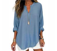 ZYHARUKO Lässige Leinenblusen für Damen, V-Ausschnitt, langärmelig, Baumwollhemden, leicht, lockere Passform, weiche Herbst-Tops, Langarm-Pullover, Baumwollhemden, blau, XXL