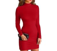 ZYHARUKO Langärmeliges geripptes Strickkleid für Damen, Herbst, figurbetont, modisch, V-Ausschnitt, modisches Outfit, figurbetontes, geripptes Kleid, runde Ärmel, kurz für Herbst, rot, L