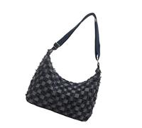 ZYHARUKO Modische Denim-Umhängetasche für Damen, karierte Quasten, große Kapazität, Jeans, Used-Look, Reißverschluss, Umhängetasche, lässige Handtasche, a, One Size